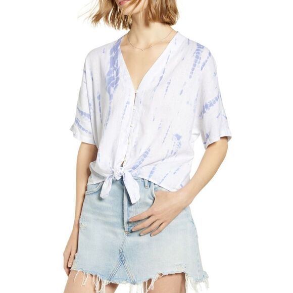 RAILS Thea Tie Waist Linen Blouse Top, Tie-dyed, Blue/White, Summer Vacation NWT - Picture 1 of 17
